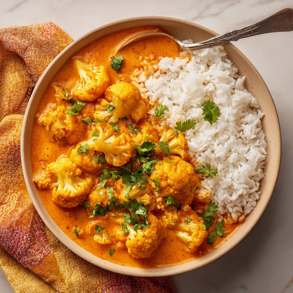 Blumenkohl Curry mit Reis, serviert in einer Schüssel mit Koriander garniert, von oben gesehen