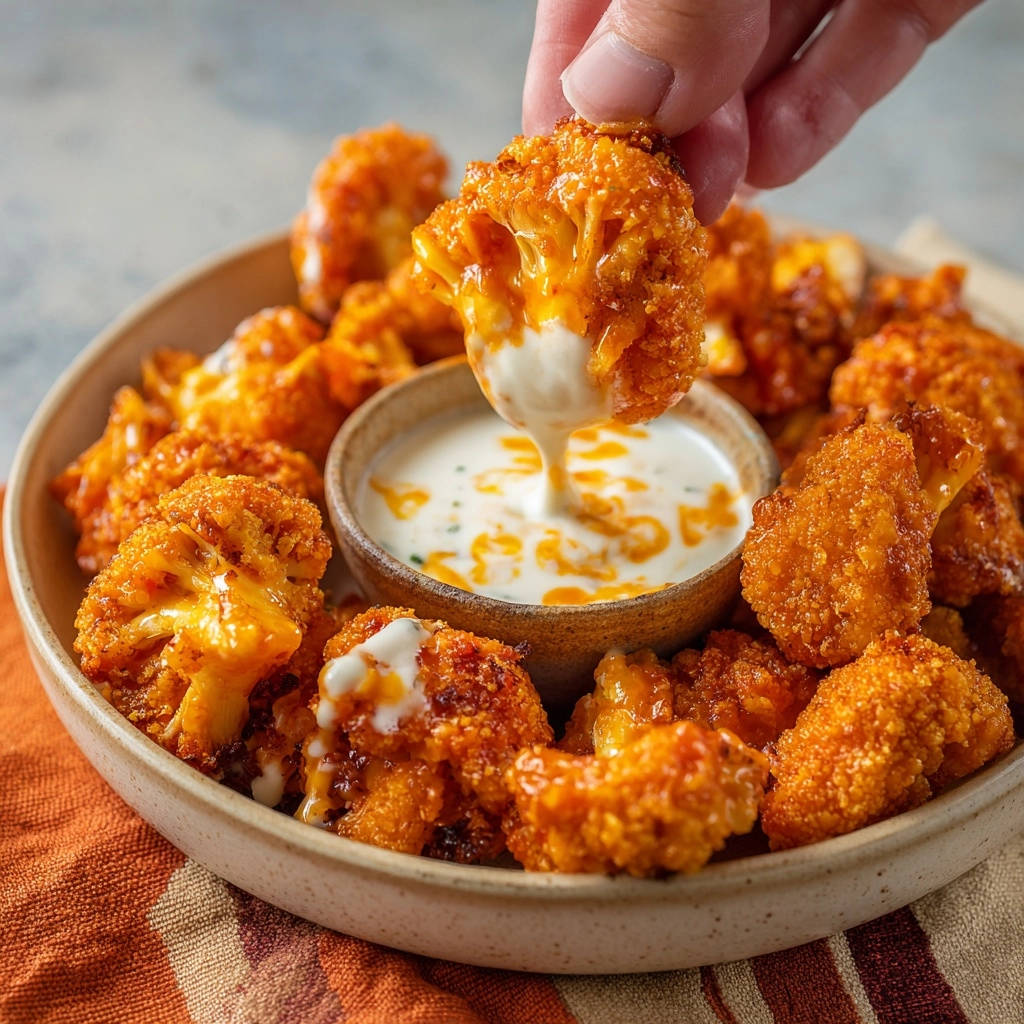 Buffalo Blumenkohl Bites werden in eine cremige Sauce getunkt, was die knusprige Panade zeigt.