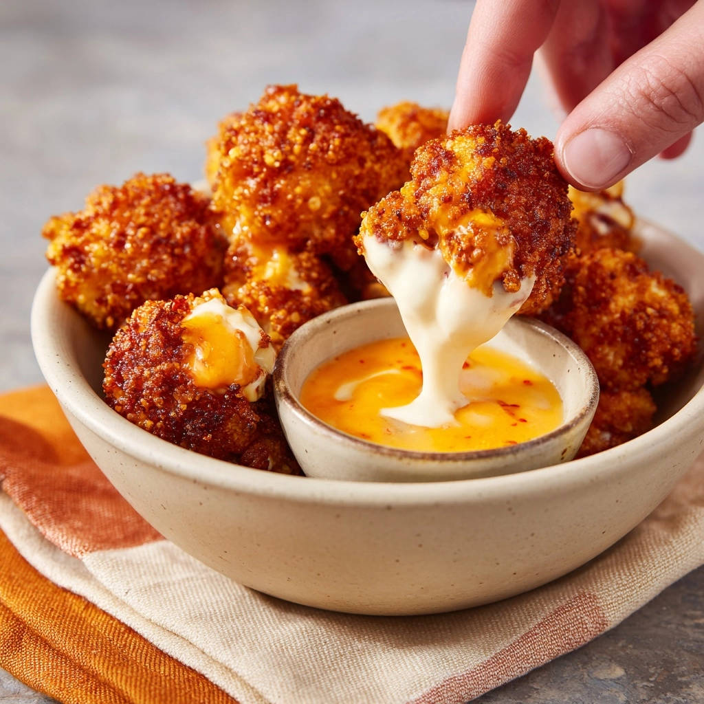 Buffalo Blumenkohl Bites werden in einen cremigen Käsedip getunkt, was die knusprige Panade und den geschmolzenen Käse im Inneren zeigt.