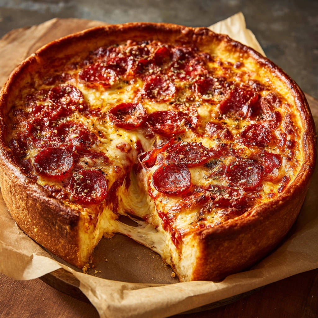 Chicago Deep Dish Pizza angeschnitten, die reichlich geschmolzenen Käse und Pepperoni im Inneren zeigt.
