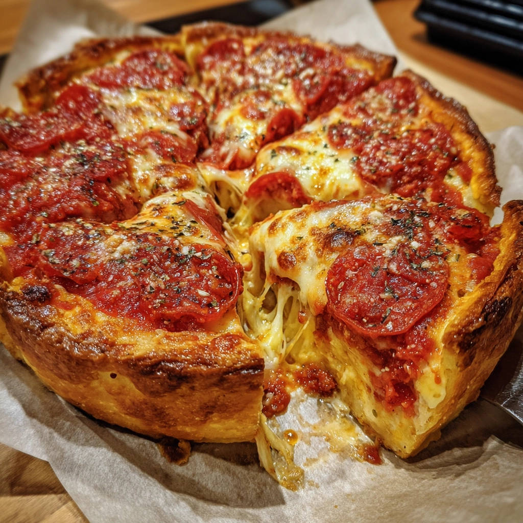Chicago Deep Dish Pizza mit einem angeschnittenen Stück, das geschmolzenen Käse im Inneren zeigt.