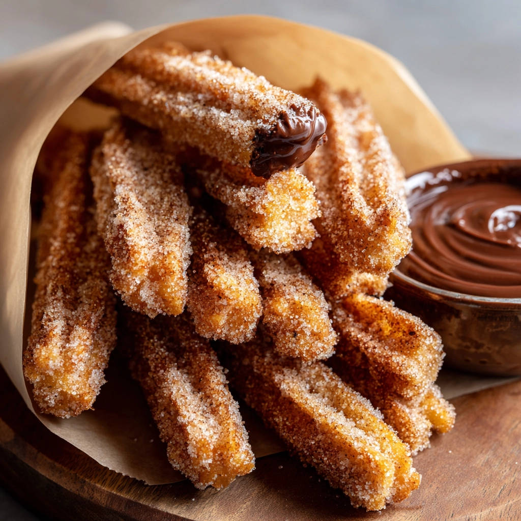 Churros mit Schokosauce: Nahaufnahme eines zuckerbestreuten Churros mit einem Tropfen Schokolade darauf, serviert in einer Papiertüte.