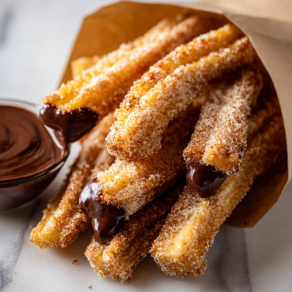 Churros mit Schokosauce, knusprig gebackene Churros werden in eine Schokoladensauce getunkt, nahaufnahme