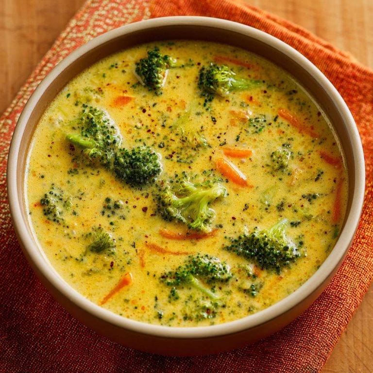 Cremige Brokkoli-Karotten-Suppe serviert in einer braunen Schüssel, Nahaufnahme der Textur und Zutaten.