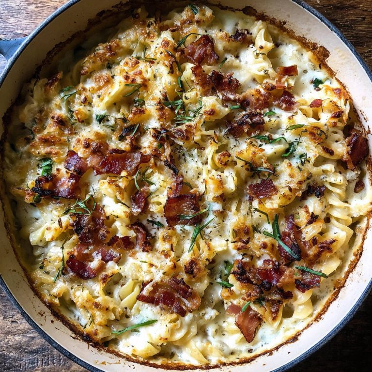 Cremiger Nudelauflauf mit Speck, nahaufnahme des gebackenen Auflaufs mit knusprigem Speck und Kräutern garniert.