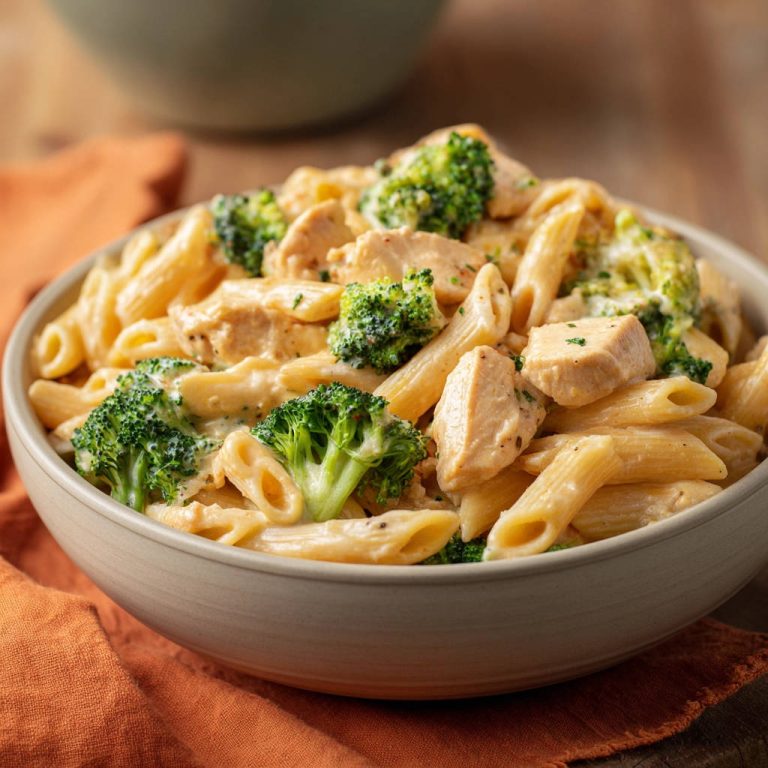 Cremige Penne mit Hähnchen und Brokkoli im Detail von nah aufgenommen in einer Schüssel.