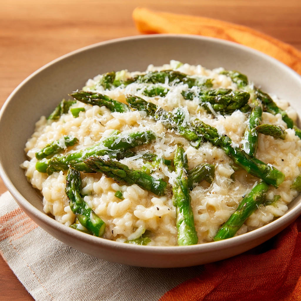 Cremiges Spargelrisotto mit grünem Spargel, eine Nahaufnahme, die die cremige Textur und die frischen Spargelspitzen zeigt.