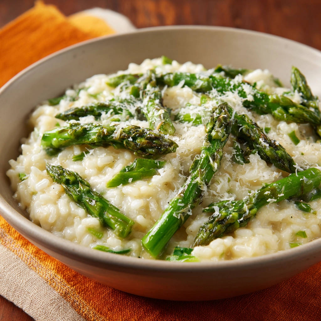 Cremiges Spargelrisotto mit grünem Spargel, serviert in einer Schüssel mit geriebenem Parmesan, Nahaufnahme.