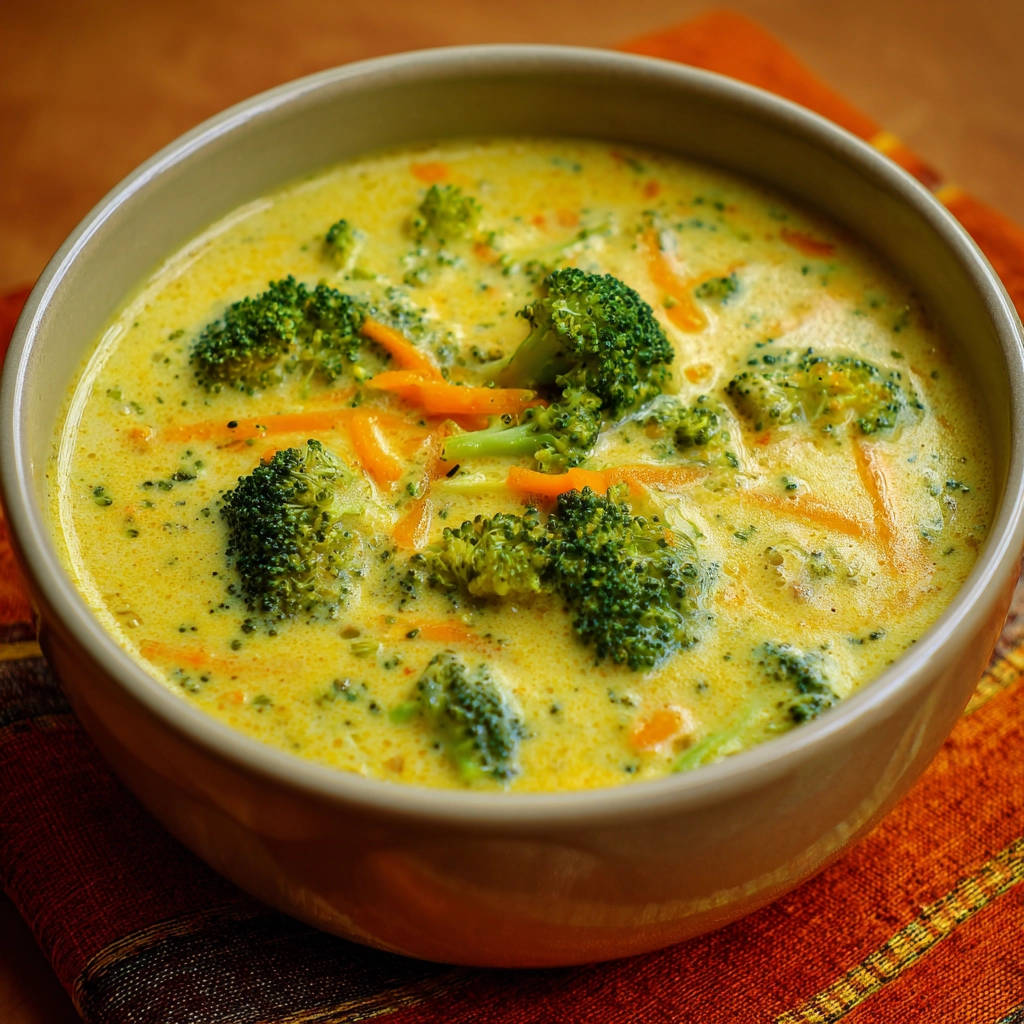 Cremige Brokkoli-Karotten-Suppe in einer Schüssel, nahaufnahme des Inhalts mit Brokkoliröschen und Karottenstreifen.