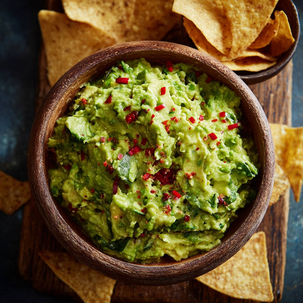 Cremige Guacamole, garniert mit roten Chiliflocken und serviert mit Tortilla-Chips in einer Holzschale.