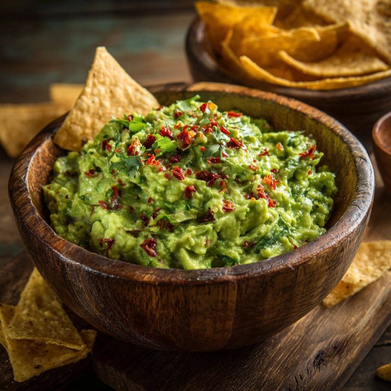 Cremige Guacamole mit Chili-Garnitur und Tortilla-Chips in einer Holzschale, nahaufnahme