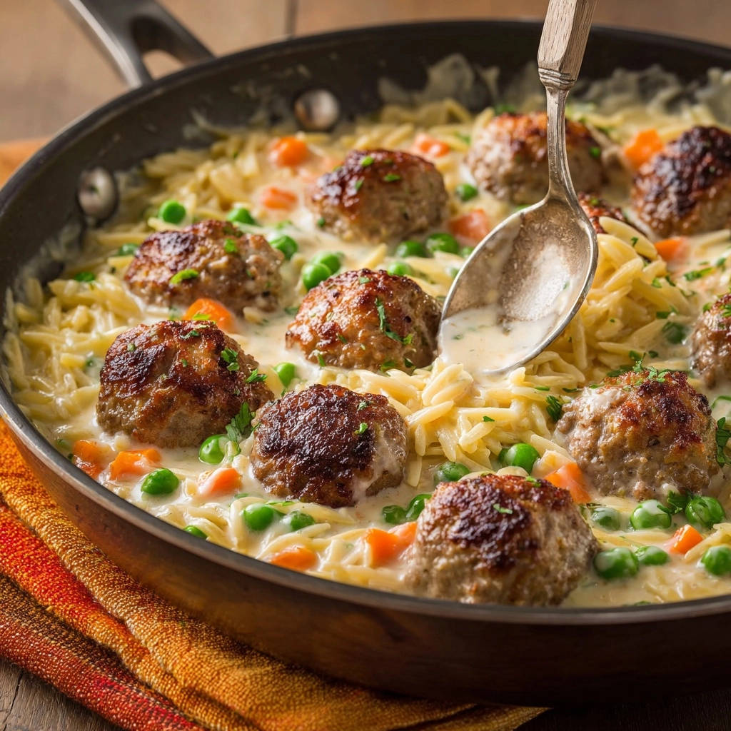 Cremige One-Pan-Pasta mit saftigen Frikadellen, mit einem Löffel, der cremige Sauce aus dem Gericht hebt.