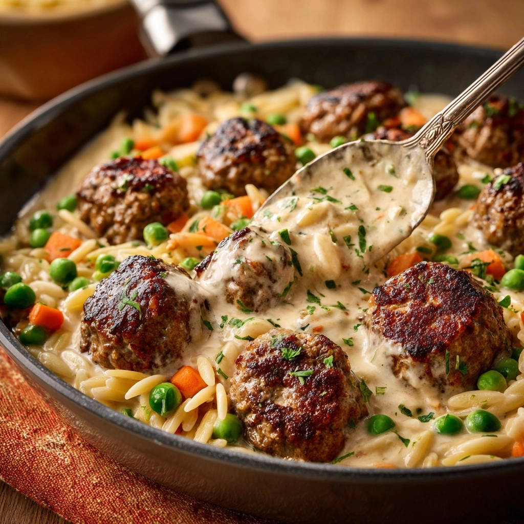 Cremige One-Pan-Pasta mit saftigen Frikadellen, mit einem Löffel aus der Pfanne gehoben, Nahaufnahme der Sauce.