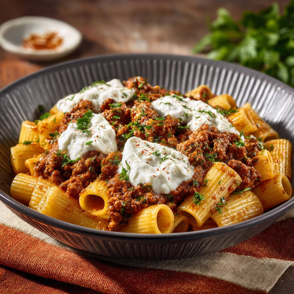 Cremige Pasta mit Rinder-Ragù und Ricotta, mit einer Nahaufnahme der reichhaltigen Fleischsauce und Käse-Topping.