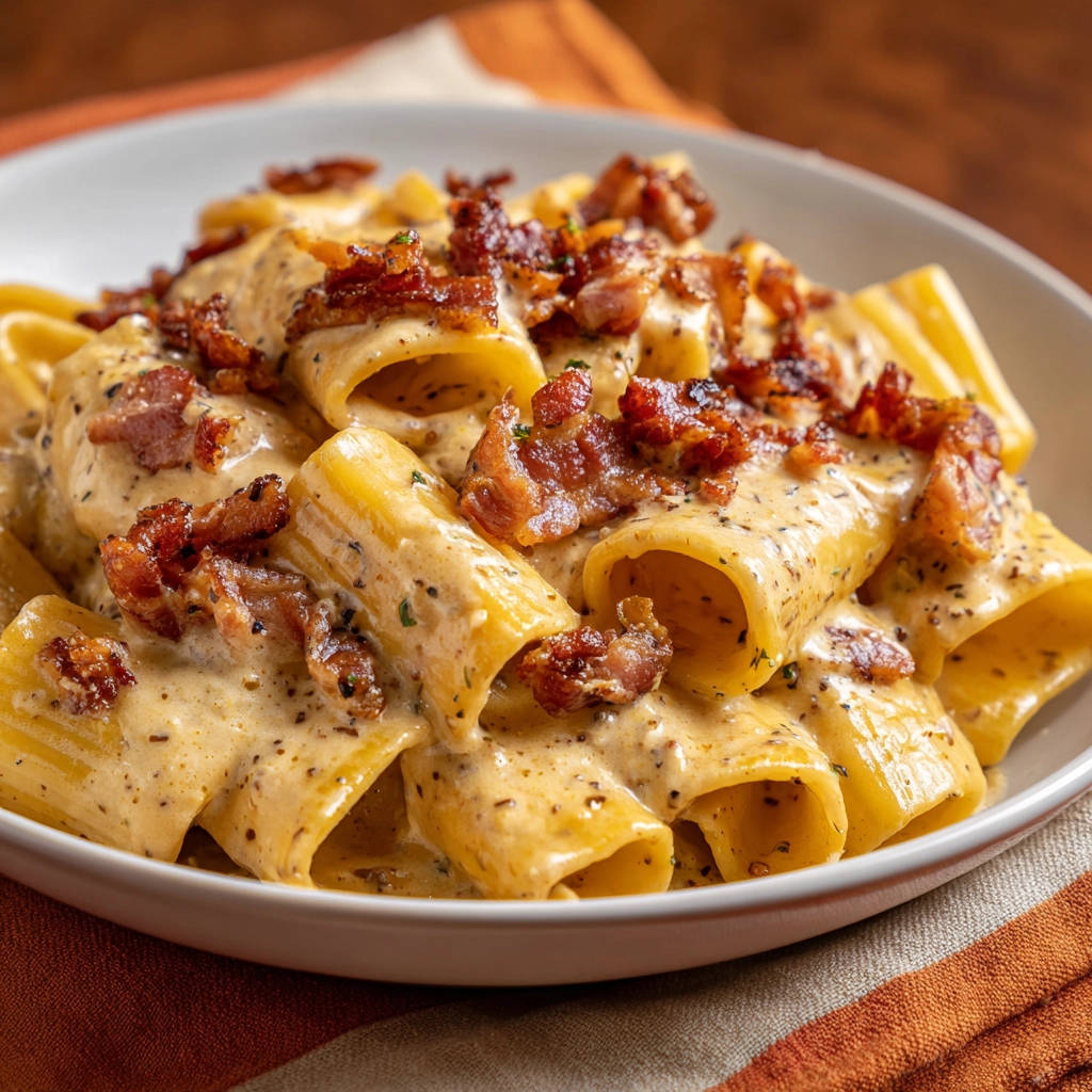 Cremige Pasta mit knusprigem Speck, eine Nahaufnahme der cremigen Sauce und der gerösteten Speckstücke auf den Rigatoni.