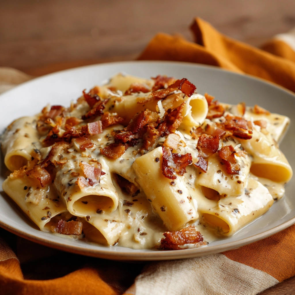 Cremige Pasta mit knusprigem Speck, eine Detailaufnahme der reichhaltigen Sahnesauce und des herzhaften Specks.