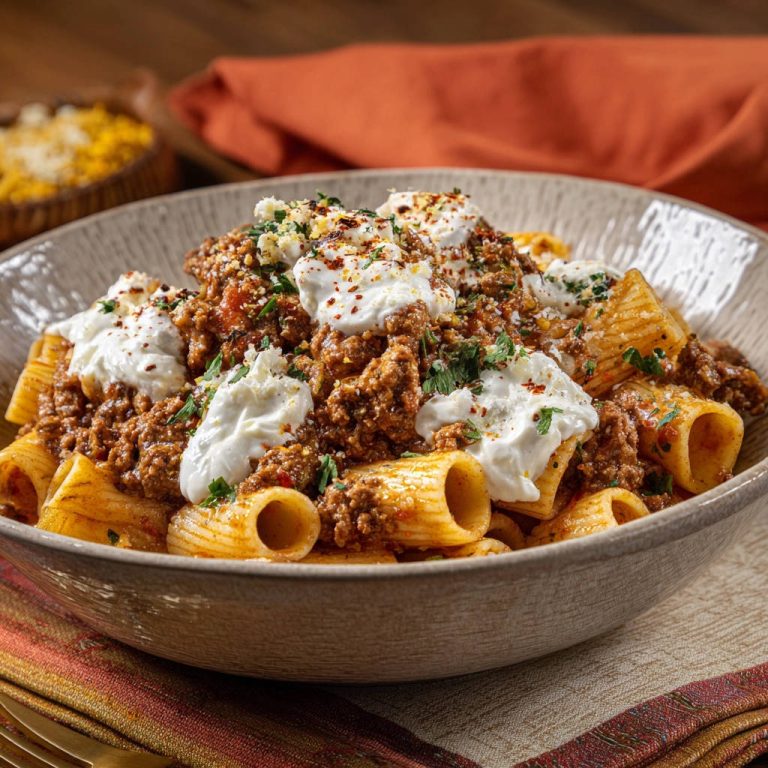 Cremige Pasta mit Rinder-Ragù und Ricotta, Nahaufnahme der cremigen Ricotta-Nocken und des herzhaften Ragùs auf der Pasta.