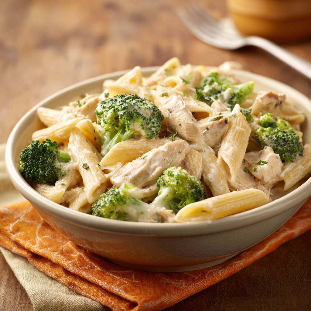 Cremige Penne mit Hähnchen und Brokkoli in einer Schüssel, mit einem deutlichen Fokus auf die Penne und das cremige Hähnchen-Brokkoli-Gemüse.