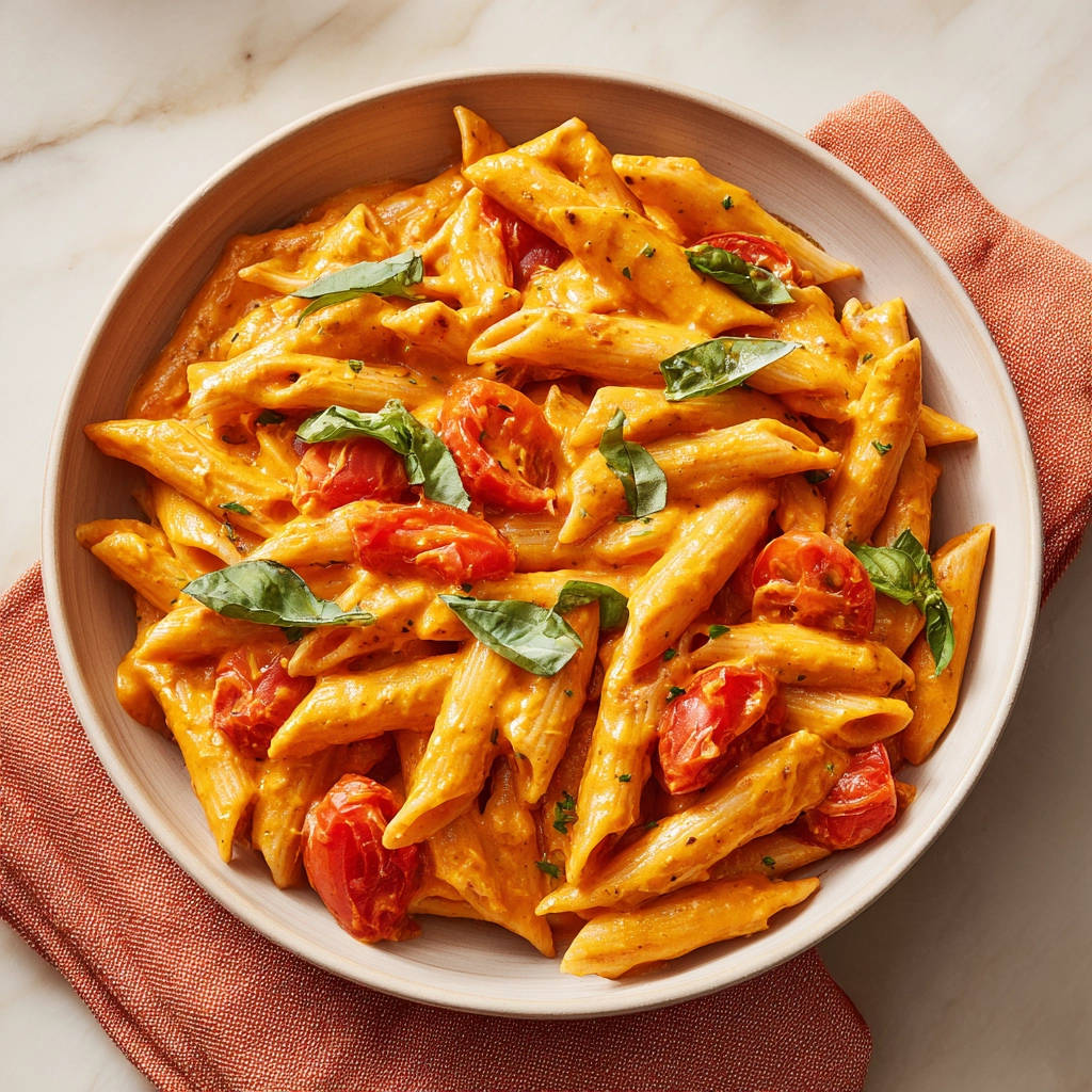Cremige Penne mit Tomatensauce von oben in einer Schüssel mit frischem Basilikum und Kirschtomaten garniert.