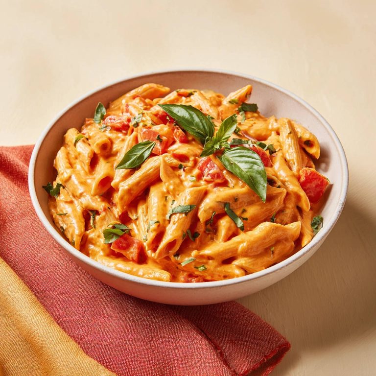 Cremige Penne mit Tomatensauce in einer Schüssel, nahaufnahme mit frischem Basilikum garniert, serviert auf einem bunten Tischtuch.