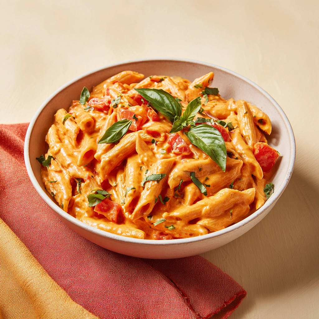 Cremige Penne mit Tomatensauce in einer Schüssel, nahaufnahme mit frischem Basilikum garniert, serviert auf einem bunten Tischtuch.