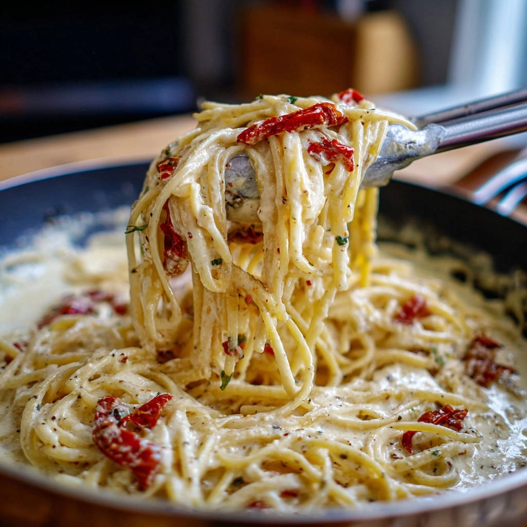 Cremige Spaghetti mit getrockneten Tomaten, nah aufgenommen, wie sie mit einer Zange aus der Pfanne gehoben werden.
