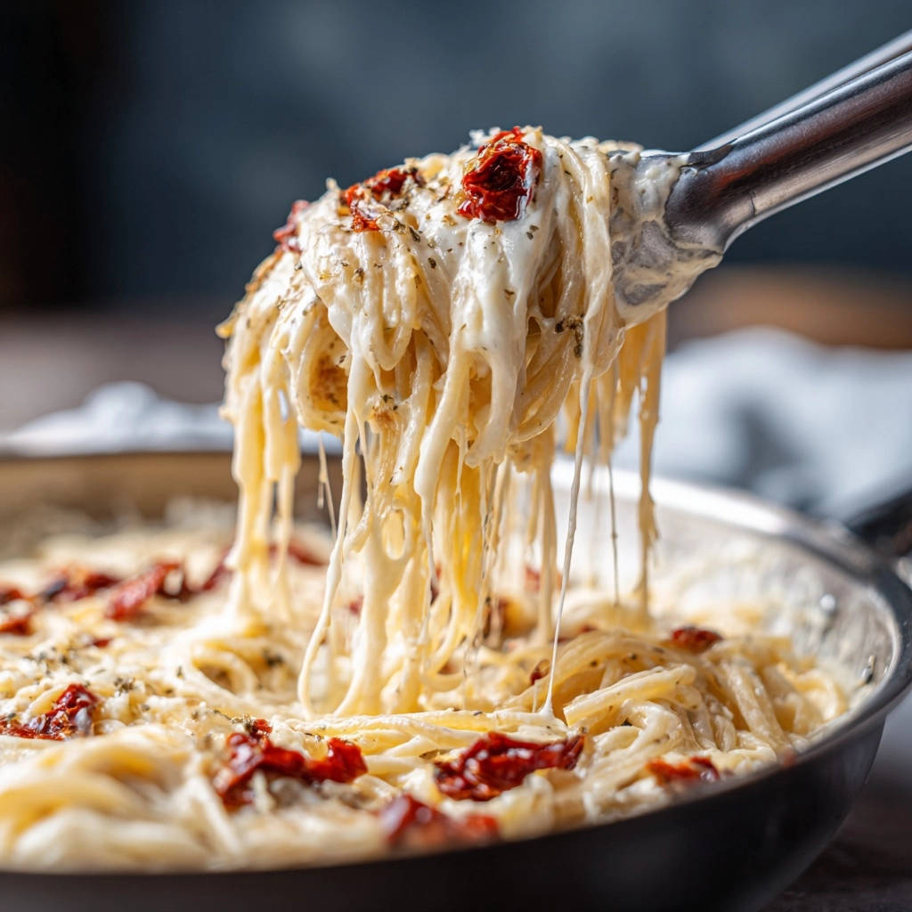 Cremige Spaghetti mit getrockneten Tomaten, die aus einer Kelle mit geschmolzenem Käse gezogen werden.