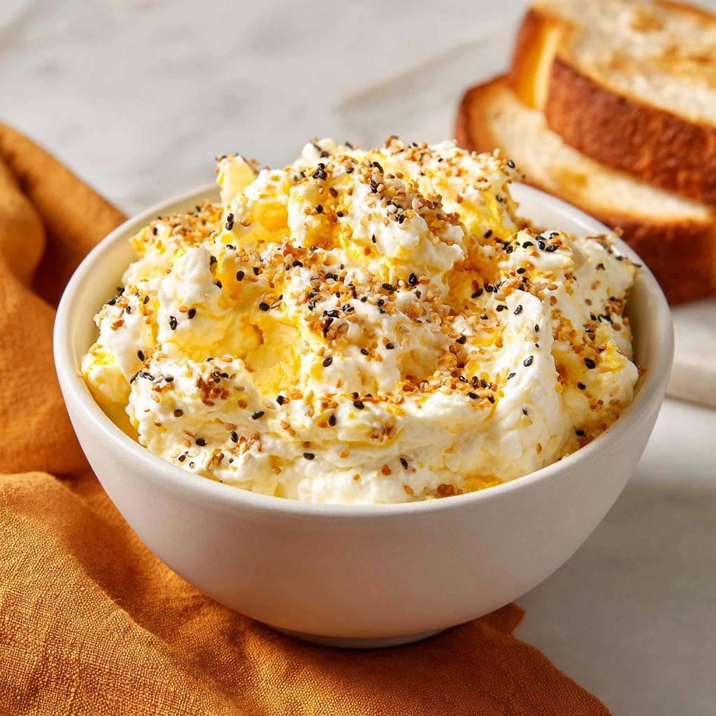 Cremiger Frischkäse-Aufstrich mit "Everything Bagel"-Gewürz und Honig, nahaufnahme der garnierten Oberfläche.