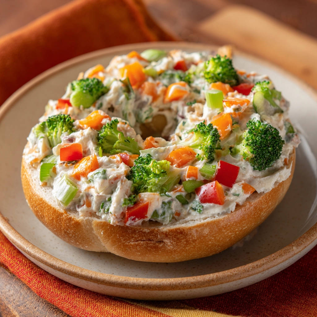 Cremiger Gemüse-Aufstrich für Bagel, nahaufnahme des belegten Bagels mit frischem Gemüse und cremigem Frischkäse.