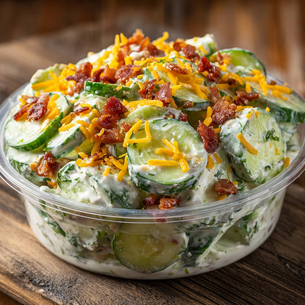 Cremiger Gurkensalat mit Käse und Speck, eine Nahaufnahme, die die cremige Textur und die Garnitur hervorhebt.