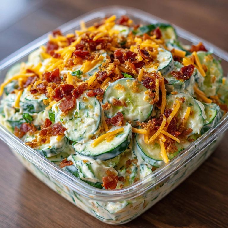 Cremiger Gurkensalat mit Käse und Speck, nahaufnahme der cremigen Textur mit Käse und Speck-Topping.