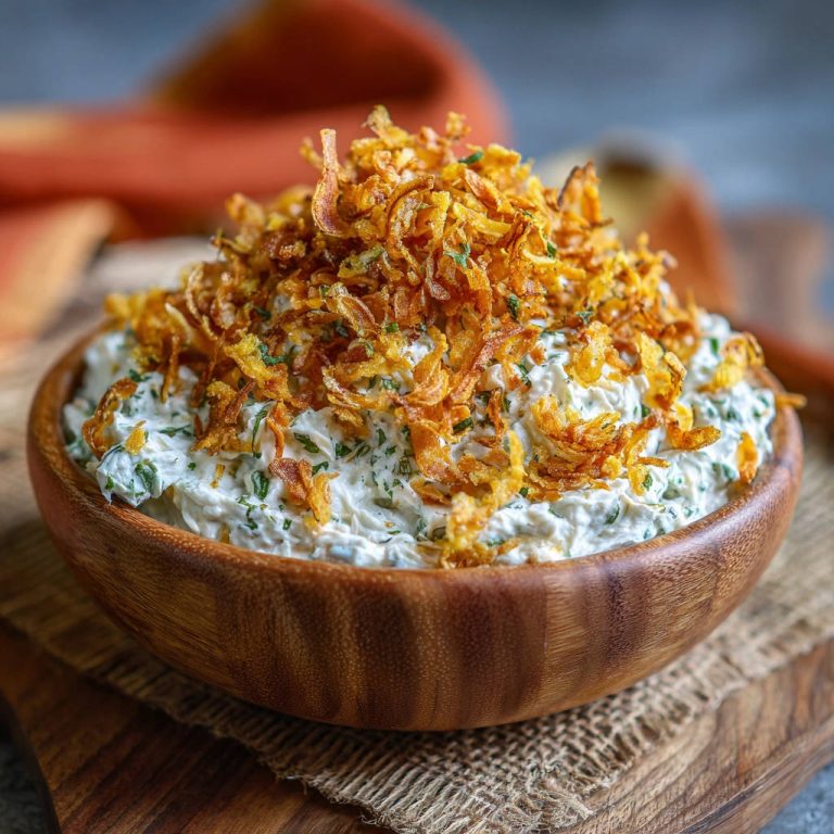 Cremiger Kräuter-Dip mit Röstzwiebeln, serviert in einer Holzschale und garniert mit knusprigen Röstzwiebeln und Kräutern.