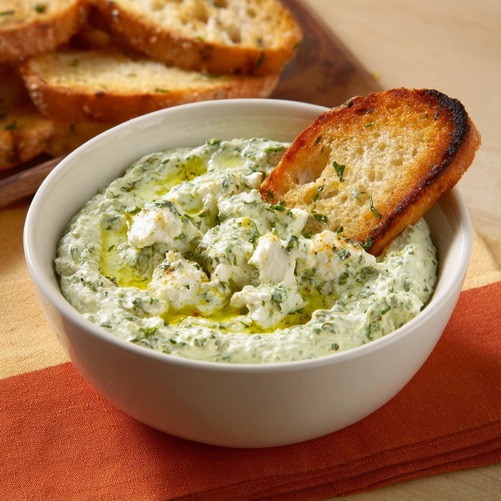 Cremiger Kräuter-Dip mit kleinen gerösteten Brotscheiben, serviert in einer weißen Schüssel mit einem Crostini zum Dippen.