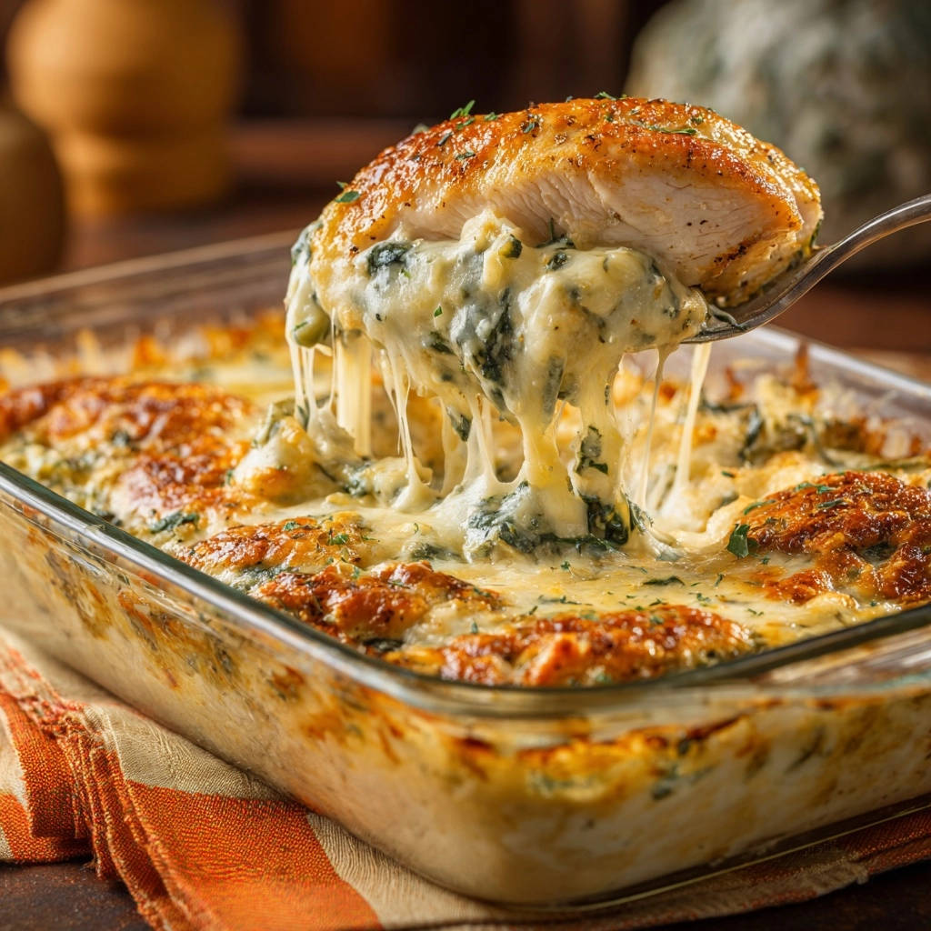Cremiges Hähnchen mit Spinat-Sahne-Sauce, das mit geschmolzenem Käse von einer Gabel gezogen wird.