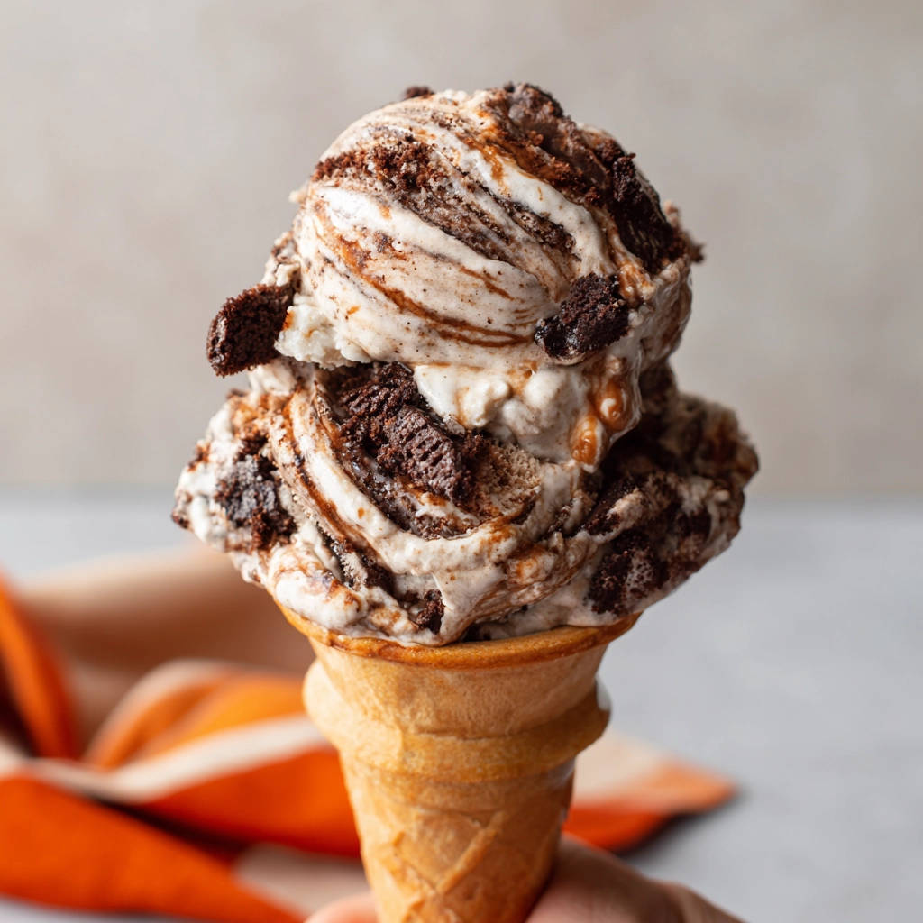 Cremiges Schoko-Brownie Eis als doppelte Kugel im Waffelhörnchen, mit Schokostückchen und braunen Swirls.