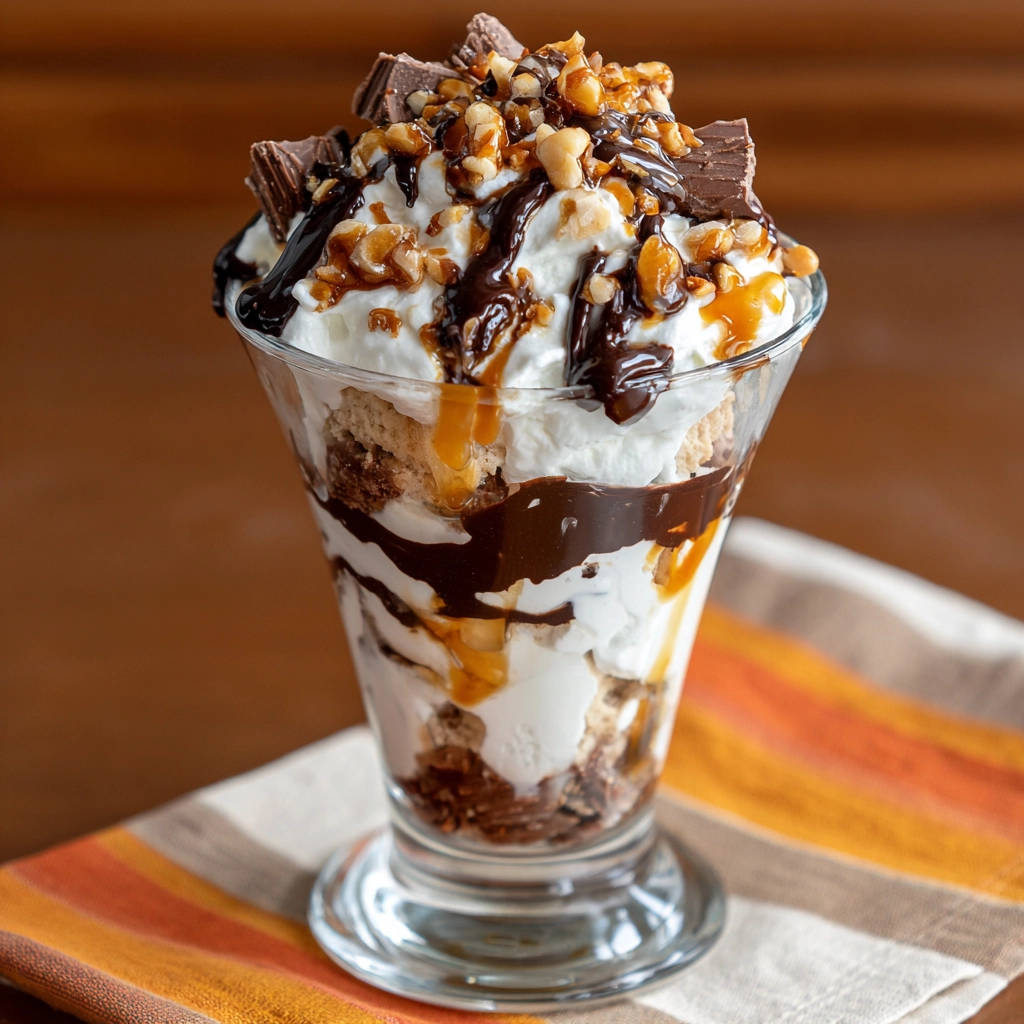 Dekadenter Eis-Sundae mit Schichten aus Eis, Schokolade, Karamell und Nüssen, garniert mit Schokostückchen.