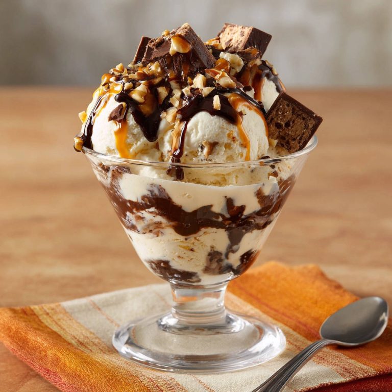 Dekadenter Eis-Sundae mit Schichten von Eis, Schokoladensauce und knackiger Garnitur, detailreich präsentiert.