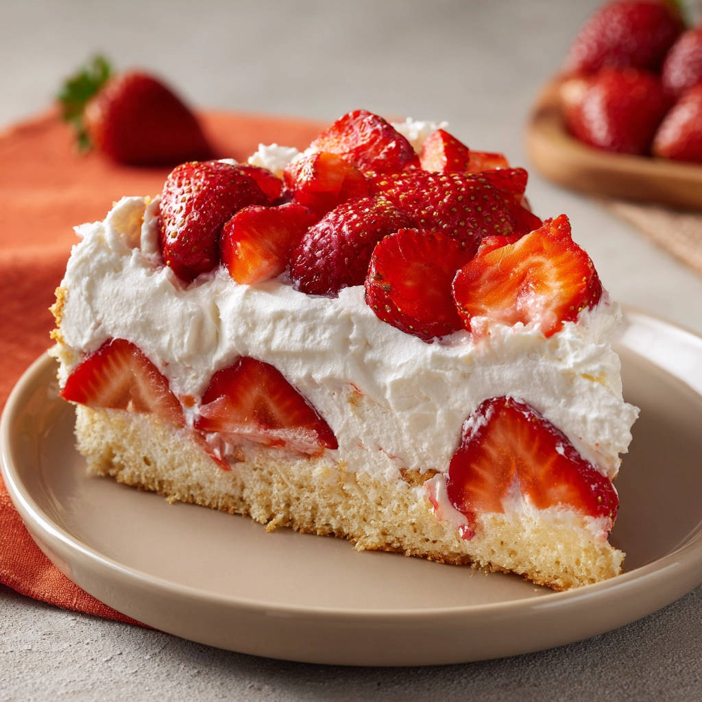 Erdbeer-Sahne-Torte als angeschnittene Torte mit frischen Erdbeeren und Sahne auf einem Teller
