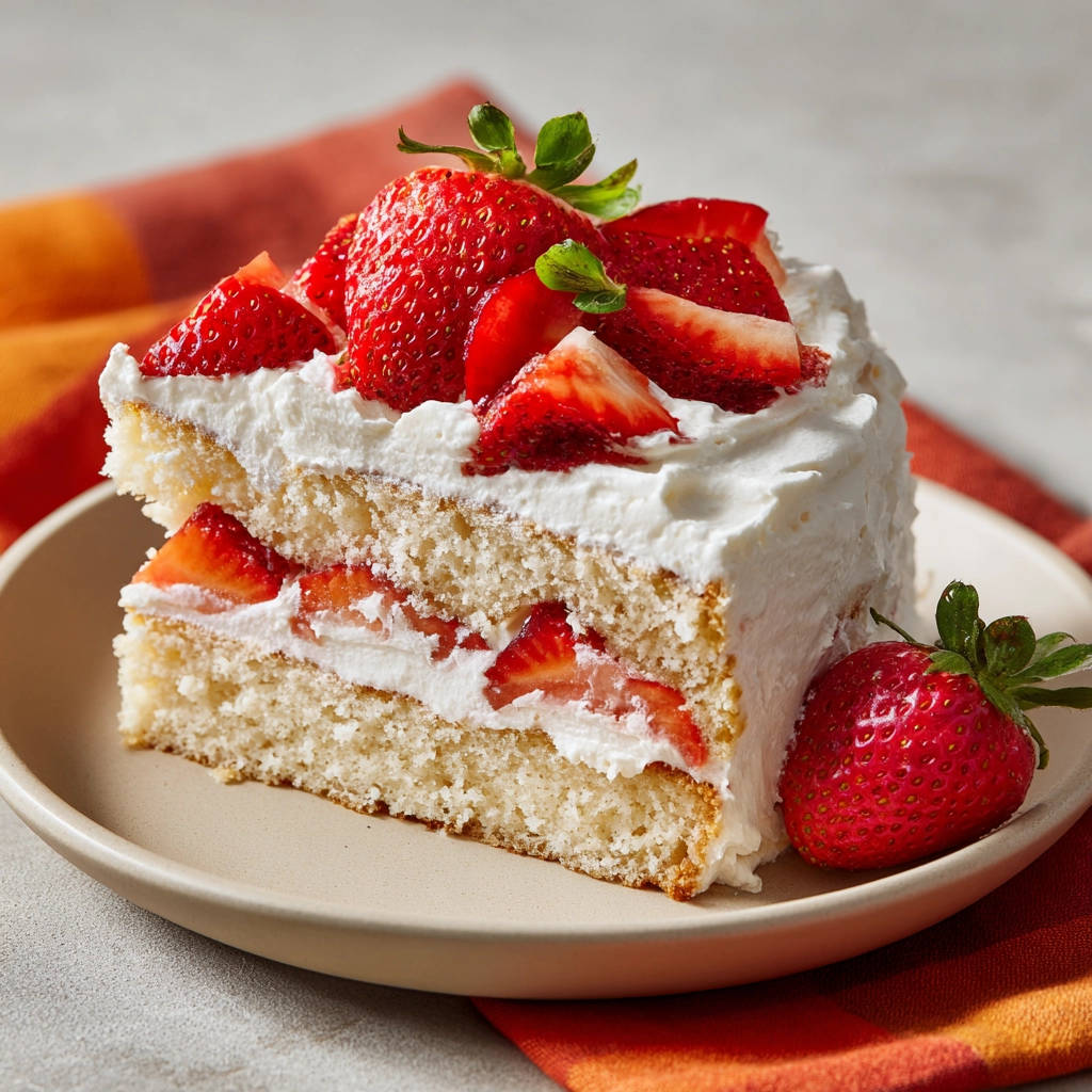 Erdbeer-Sahne-Torte angeschnitten auf einem Teller mit frischen Erdbeeren und Sahne, Nahaufnahme des Kuchens.