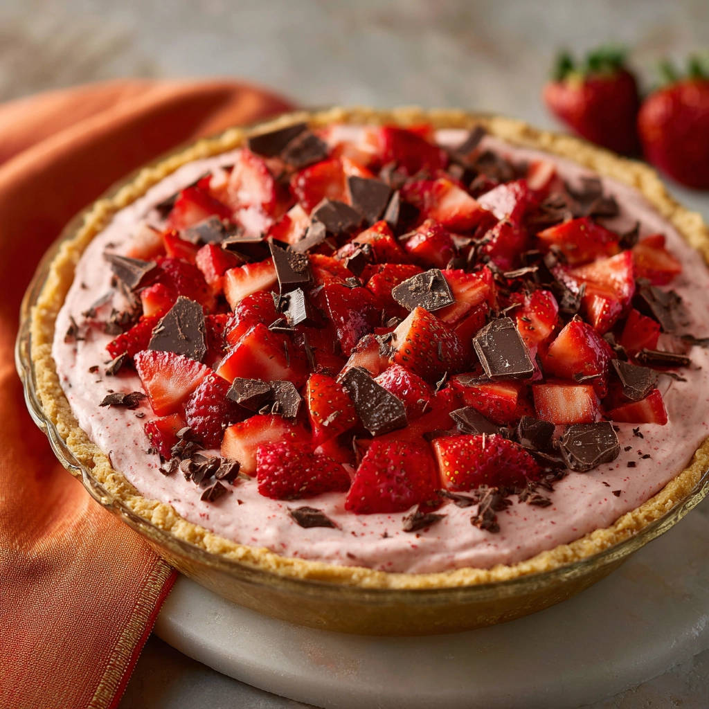 Erdbeer-Schoko-Tarte mit frischen Erdbeeren und Schokoladenstückchen garniert, Nahaufnahme des Belags.