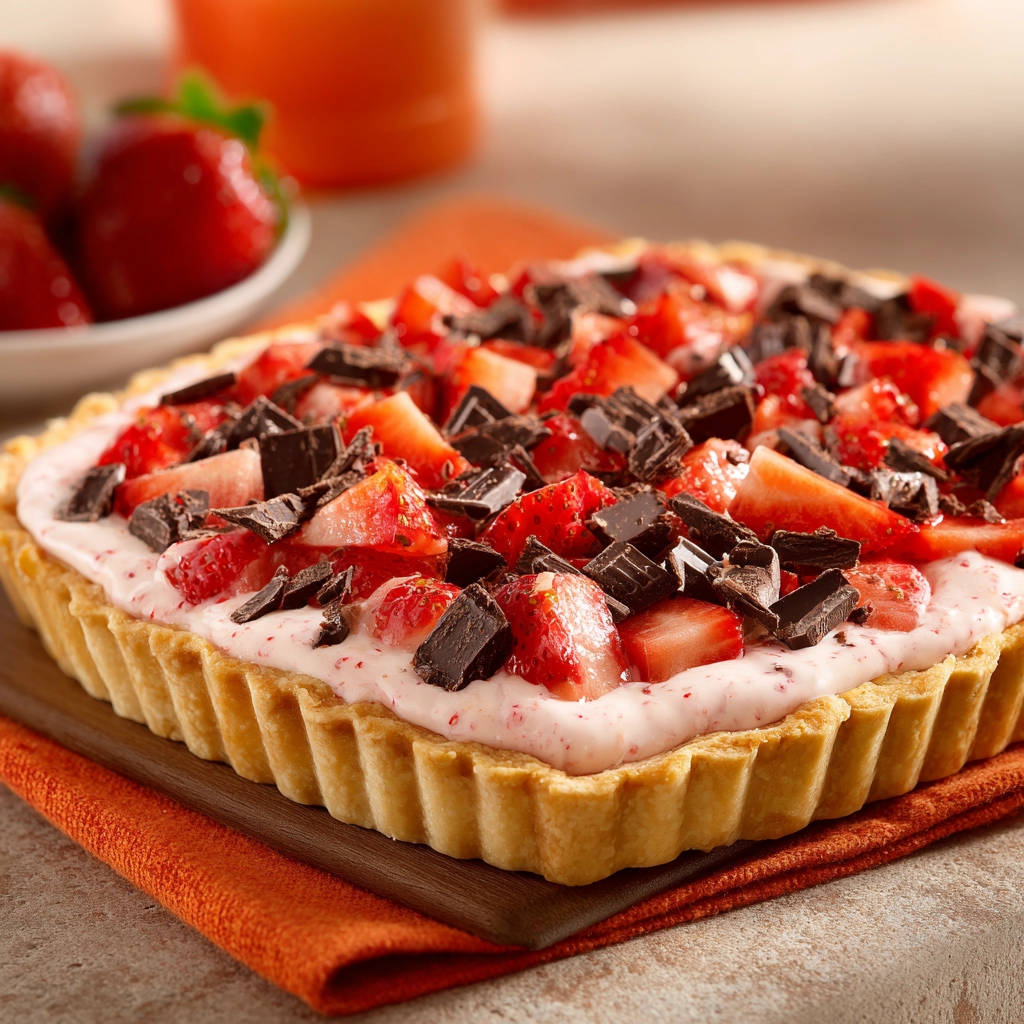 Erdbeer-Schoko-Tarte mit einer Füllung aus Erdbeercreme, garniert mit frischen Erdbeeren und Schokostückchen.