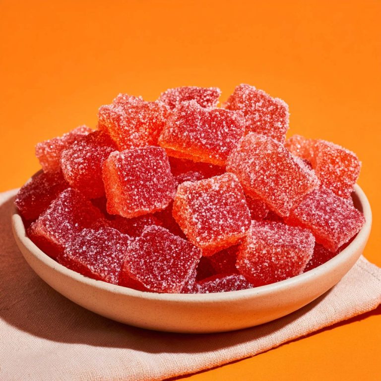 Fruchtgummis selber machen: Nahaufnahme von roten, gezuckerten Fruchtgummis in einer Schale, die die Textur zeigen.