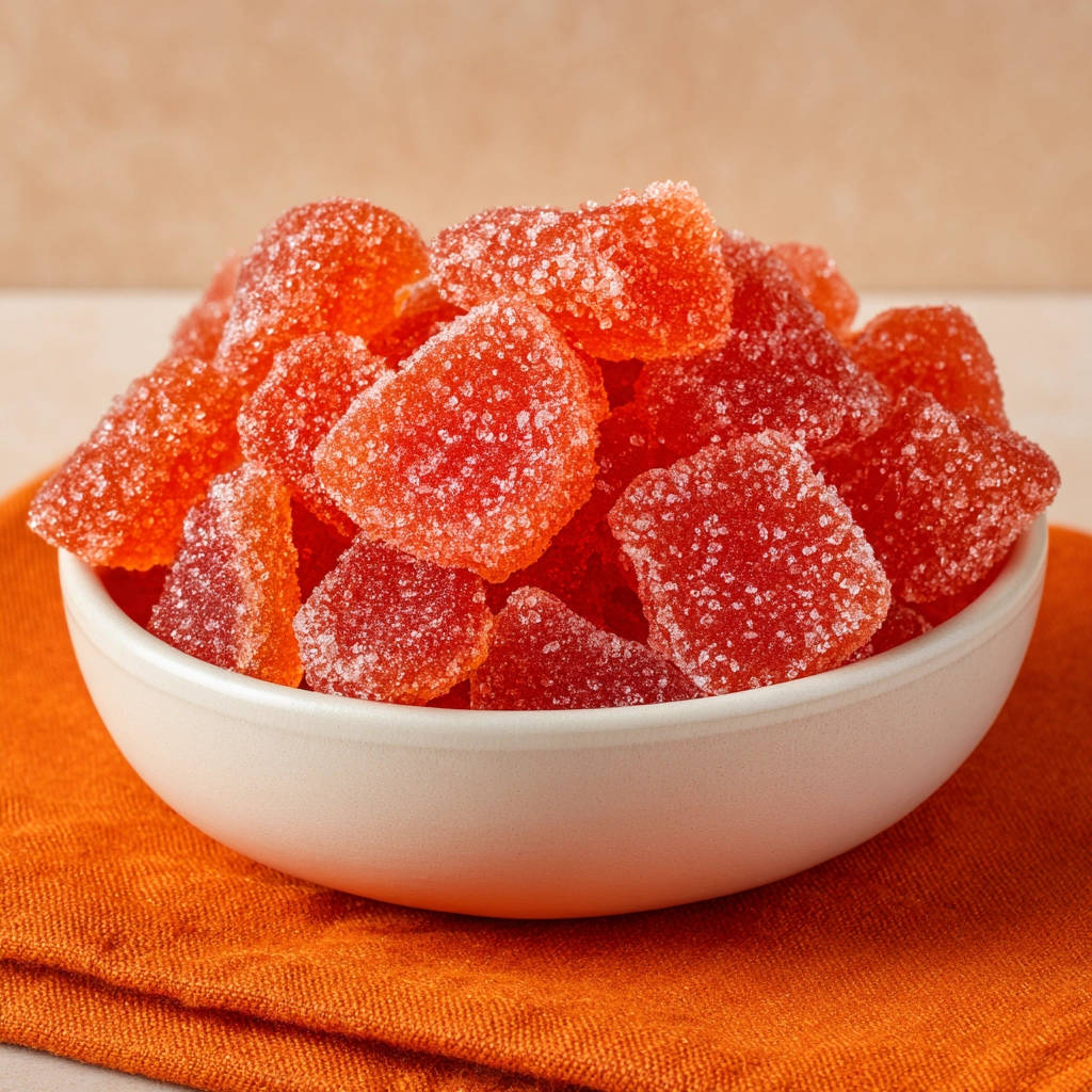 Fruchtgummis selber machen, eine Nahaufnahme von roten, zuckerüberzogenen Fruchtgummis in einer weißen Schüssel.