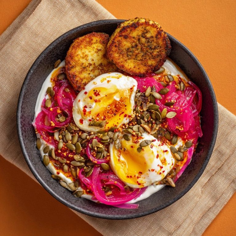 Frühstücks-Bowl: Pochierte Eier & Knusprige Puffer, serviert in einer Schüssel mit roten Zwiebeln und Kernen, garniert mit Chiliflocken.