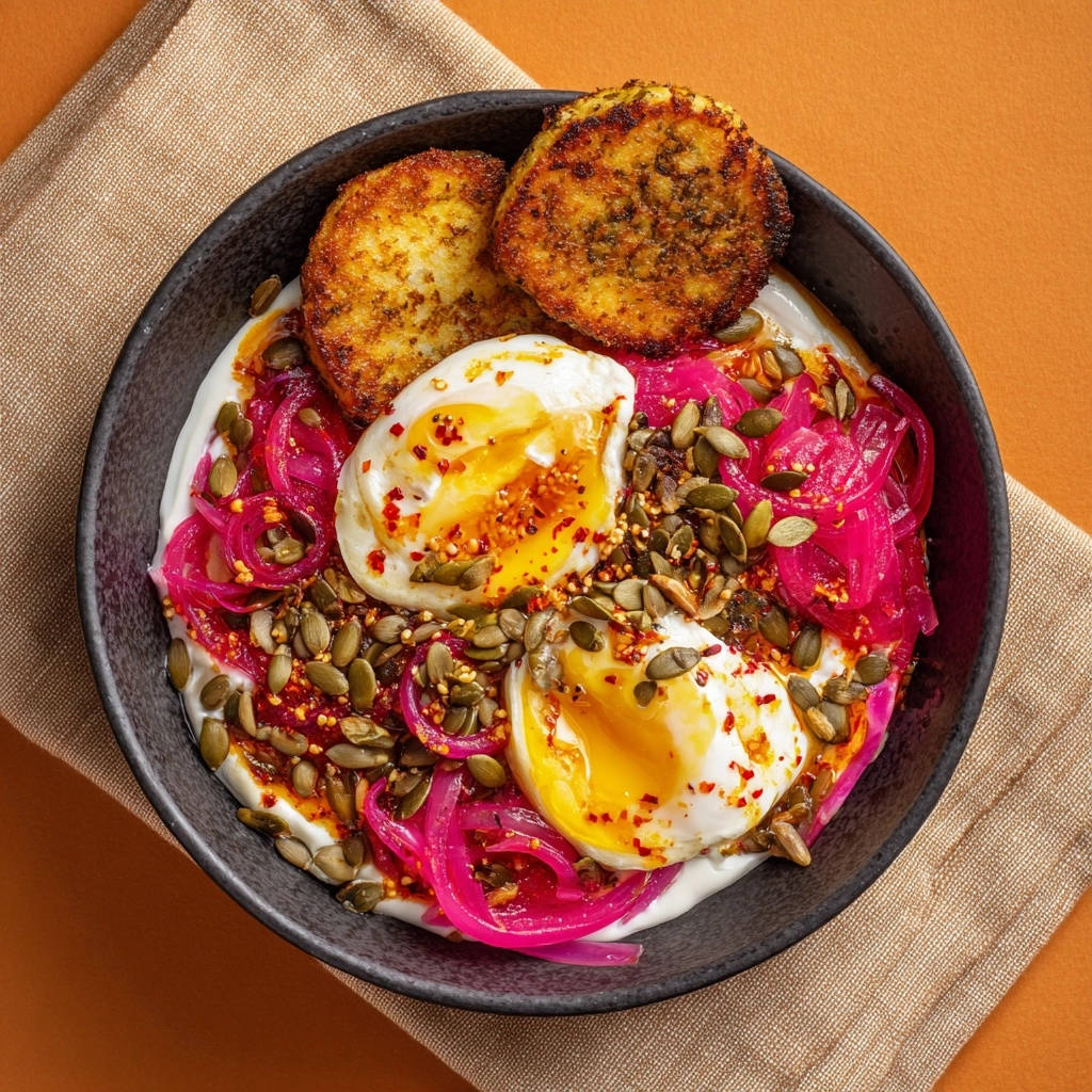 Frühstücks-Bowl: Pochierte Eier & Knusprige Puffer, serviert in einer Schüssel mit roten Zwiebeln und Kernen, garniert mit Chiliflocken.