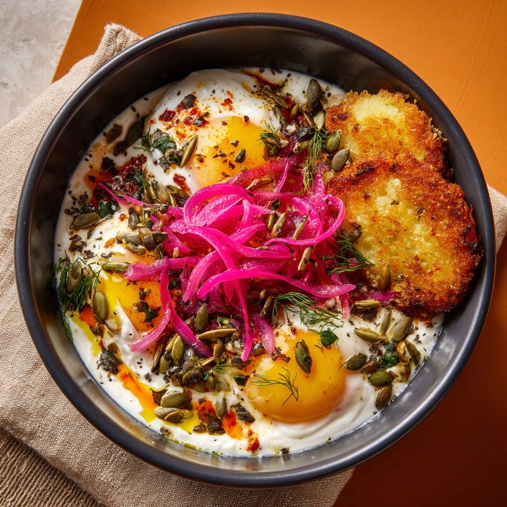 Frühstücks-Bowl: Pochierte Eier & Knusprige Puffer, eine Draufsicht auf die Bowl mit pochierten Eiern, eingelegten roten Zwiebeln und knusprigen Puffern.