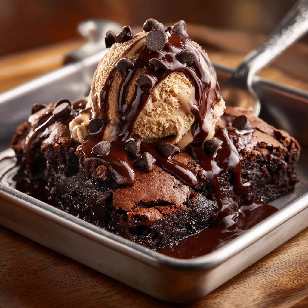 Fudgy Brownies mit einer Kugel Eis, beträufelt mit Schokoladensauce und garniert mit Schokostückchen.