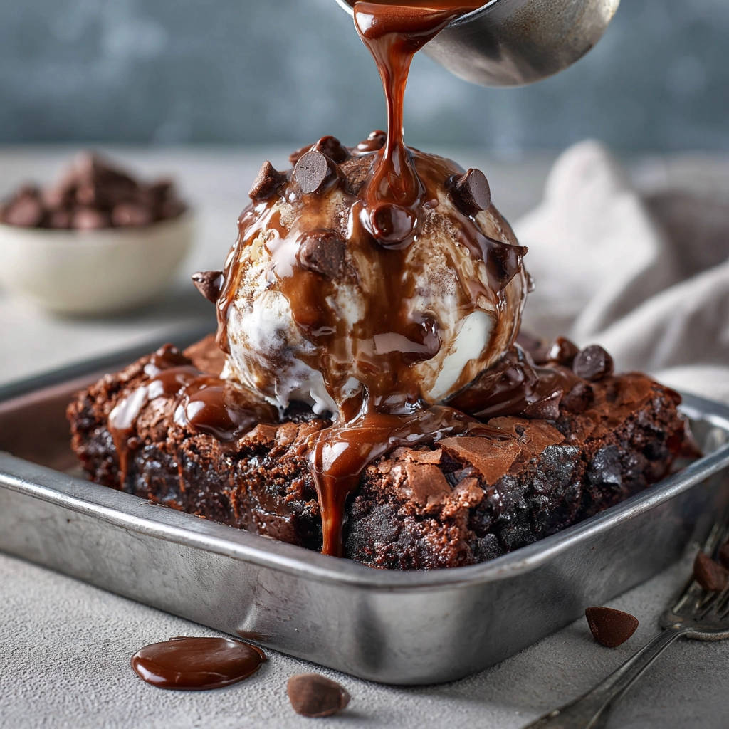 Fudgy Brownies: Das Ultimative Rezept für Saftige Schoko-Brownies mit Eis & Sauce, mit schmelzender Schokoladensauce, die über das Eis und den Brownie gegossen wird.
