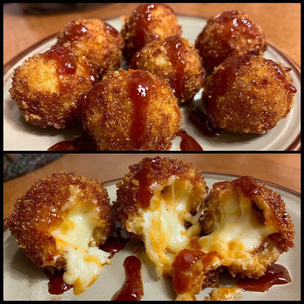 Gebackene Käsebällchen angeschnitten, die reichlich geschmolzenen Käse offenbaren und mit Sauce beträufelt sind.