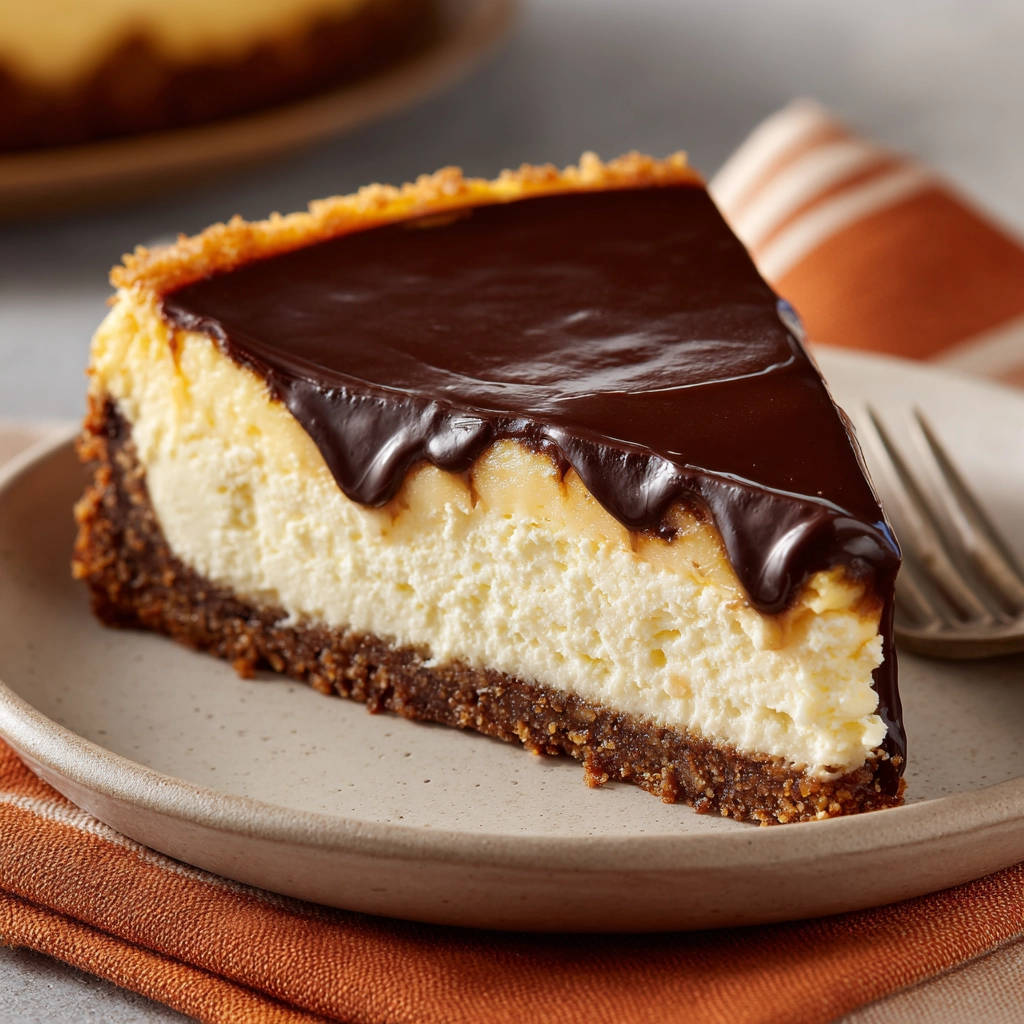 Gebackener Schoko-Karamell-Cheesecake, ein cremiges Stück auf einem Teller mit glasiertem Schokoladen-Topping und Keksboden.